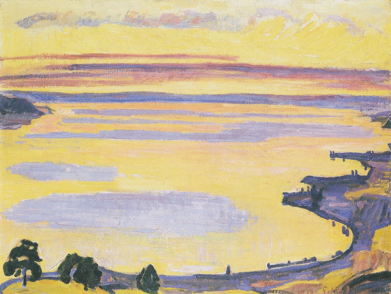Naplemente a Genfi -tavon a Caux felől alkotó: Ferdinand Hodler