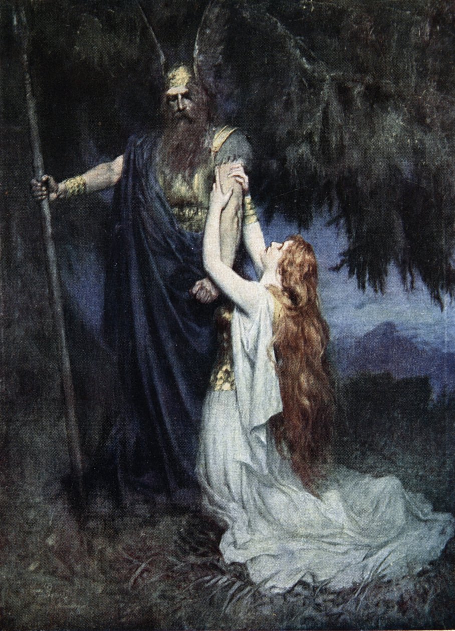 Brunhilde letérdelt a lábaihoz, J. Walker McSpadden (1874-1960) „Wagner operáinak történetei” című művéből, 1905 alkotó: Ferdinand Leeke