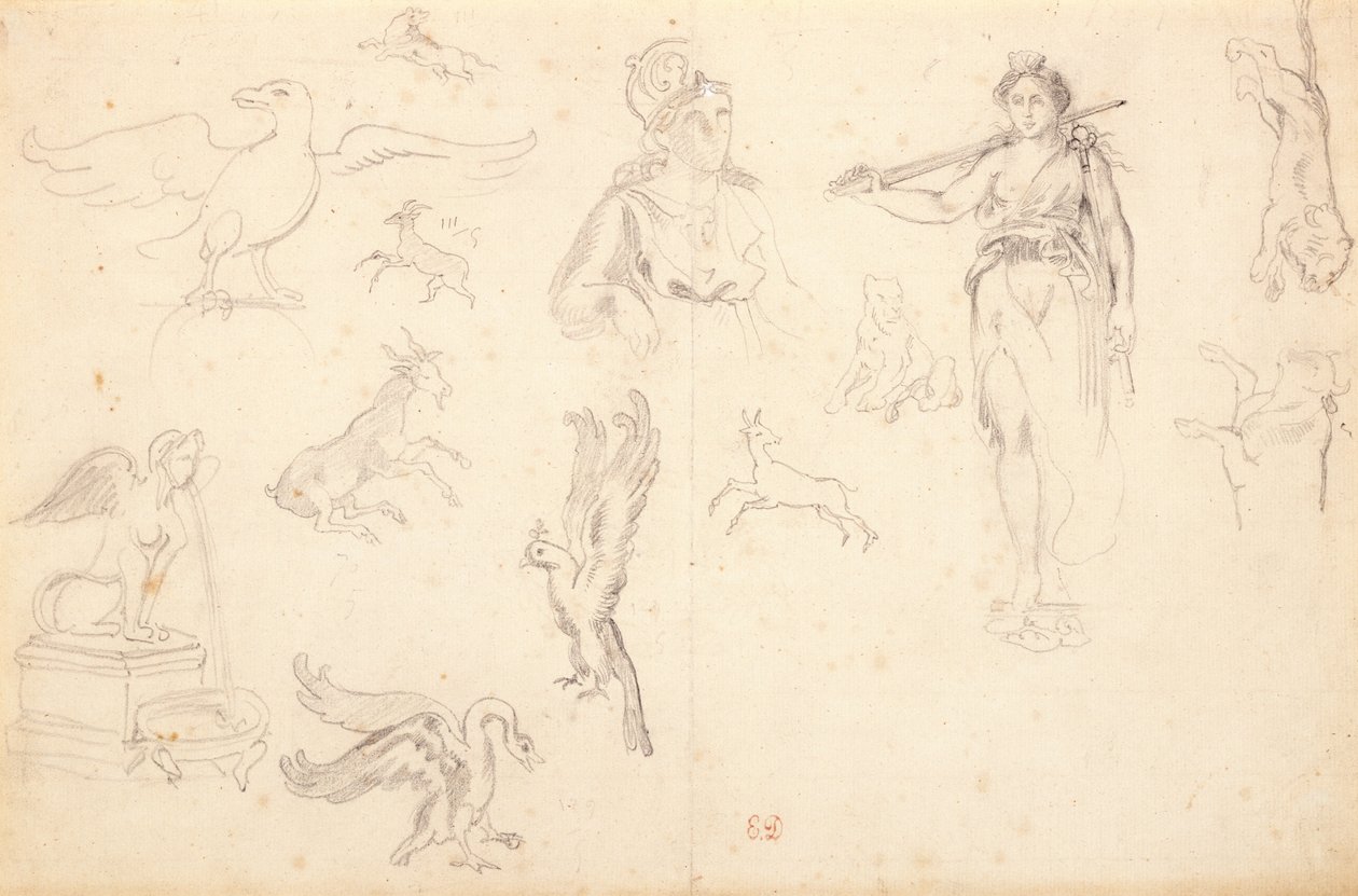 Állat- és figuratanulmányok (fekete kréta fektetett papírra) alkotó: Ferdinand Victor Eugene Delacroix