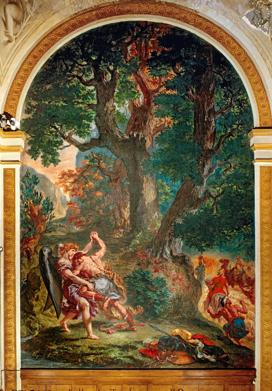 Harc Jákob és az angyal között, 1850-61 (olaj és viasz a vakolaton) (lásd a 252678-as részletet) alkotó: Ferdinand Victor Eugene Delacroix