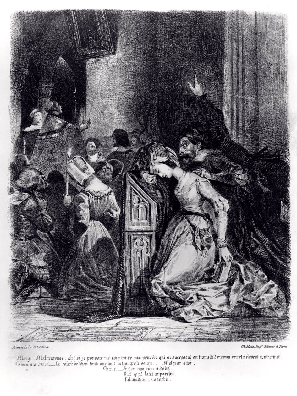 Marguerite a templomban a gonosz szellemekkel: illusztráció Goethe „Faust” című művéből, 1828 alkotó: Ferdinand Victor Eugene Delacroix