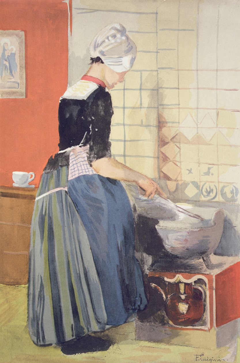 A Dutch Girl Cooking, a LEstampe Moderne-tól, Párizs 1897-99 között jelent meg alkotó: Ferdinand Jean Luigini
