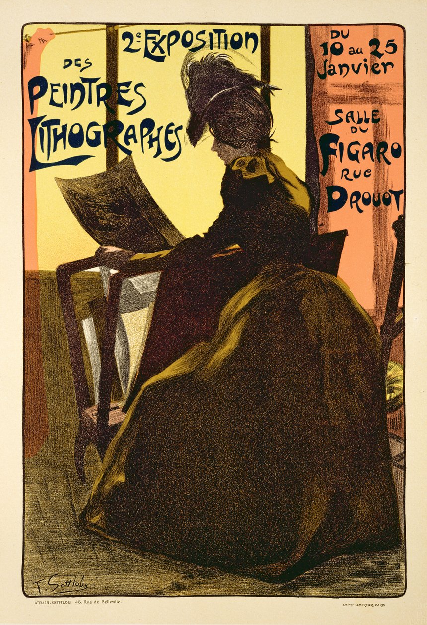 A "Lithográfiai festők második kiállítását" hirdető plakát reprodukciója, Salle du Figaro, Párizs, 1899. alkotó: Fernand Louis Gottlob