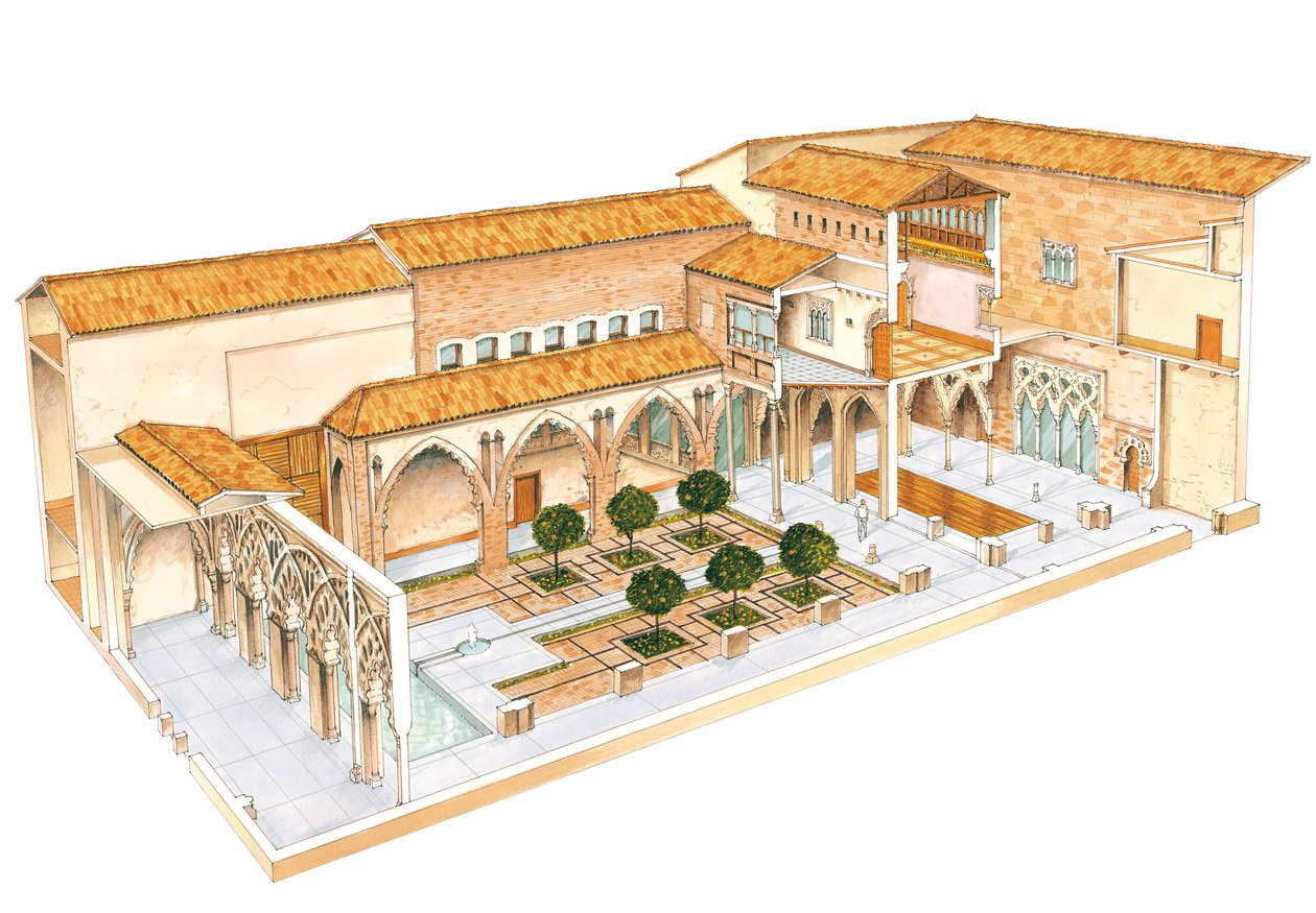 Aljaferia. Zaragoza, Spanyolország. Iszlám palota. Santa Isabel udvar. alkotó: Fernando Aznar Cenamor
