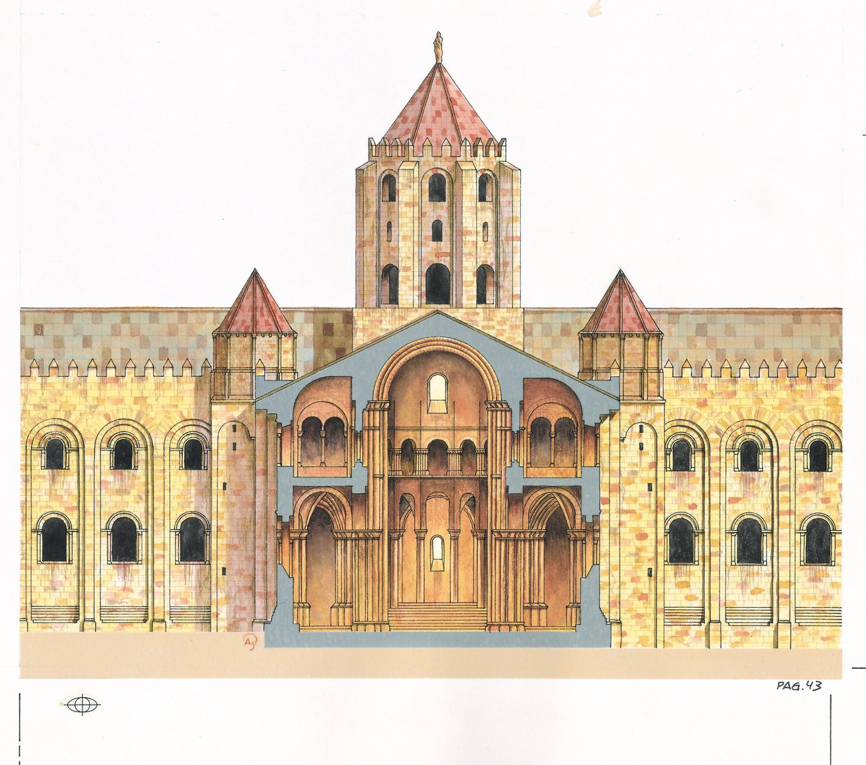 Santiago de Compostela román stílusú katedrális.Keresztmetszet. Spanyolország alkotó: Fernando Aznar Cenamor