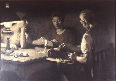 A csipkekészítők (szén és szépia) alkotó: Firmin Baes