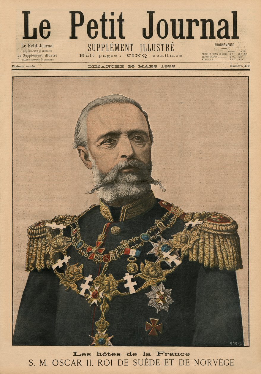 Francia házigazdák: Őfelsége II. Oscar, Svédország és Norvégia királya, a „Le Petit Journal” első borítójának illusztrációja, illustre, 1899. március 26. (coulour litho) alkotó: Fortune Louis Meaulle and Henri Meyer