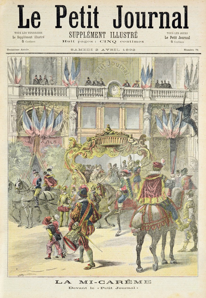 Címlap, amely a nagyböjti felvonulást ábrázolja a Petit Journal irodái előtt, illusztráció a Le Petit Journal illusztrált mellékletéből, 1892. április 2. alkotó: Fortune Louis Meaulle and Henri Meyer