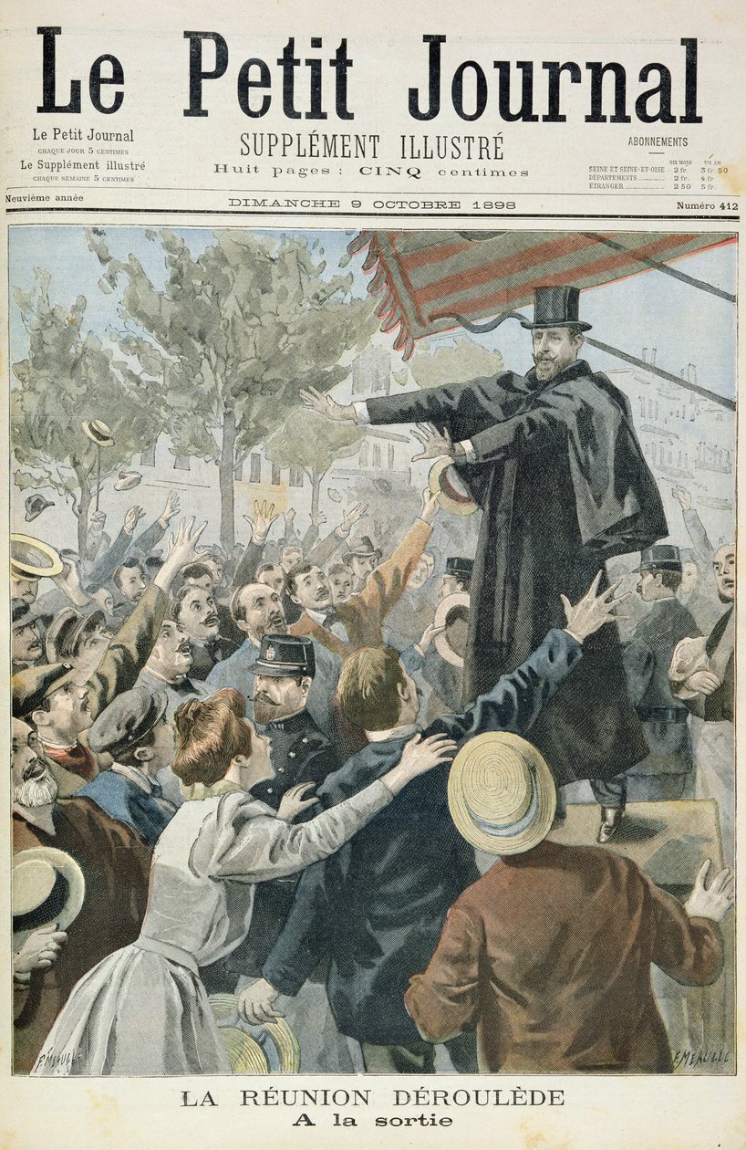 A Deroulede-del való találkozást ábrázoló címlap, illusztráció a Le Petit Journal illusztrált mellékletéből, 1898. október 9. (színes litó) alkotó: Fortune Louis Meaulle