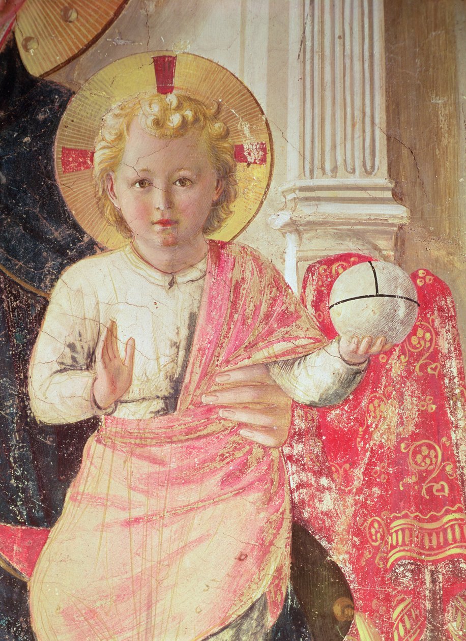 Az Árny Madonna vagy Szűz és Gyermek Szent Domonkos, Kozma, Damien, Márk, János evangélista, Aquinói Tamás, Laurence és Pierre vértanú között (balról jobbra) (a csecsemő részlete) alkotó: Fra Angelico