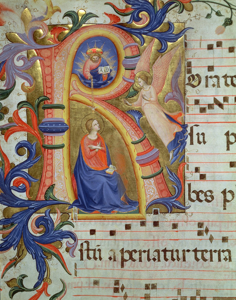 Ms 558 f.33v Az Angyali üdvözlet történeti „R” kezdőbetűvel ábrázolva, egy misekönyv részlete, 1430-as évek elején (a részleteket lásd: 88933) alkotó: Fra Angelico