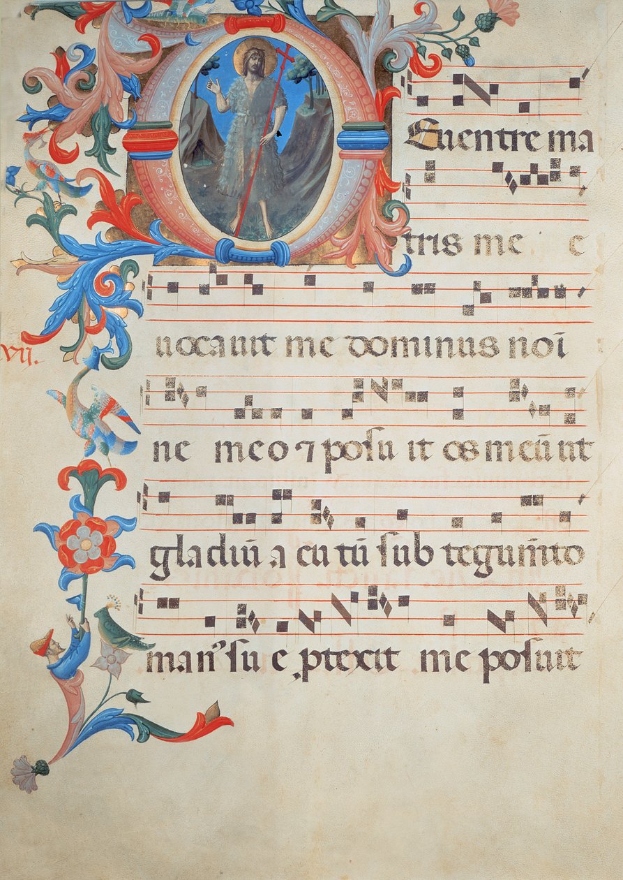 Ms 558 f.55v Kórusjegyzet oldala, Keresztelő Szent Jánost ábrázoló, történetírással ellátott kezdőbetűvel, egy misekönyvből, az 1430-as évek elején (a részleteket lásd: 78834) alkotó: Fra Angelico
