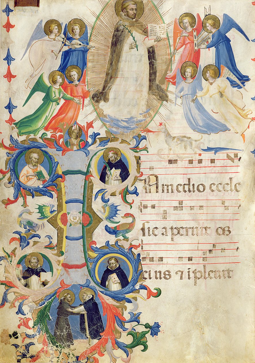 Ms 558 f.67v Oldal, amely Szent Domonkost és egy történész „én” kezdőbetűt ábrázol, a San Marco e Cenacoli könyvéből (részletekért lásd: 88937) alkotó: Fra Angelico