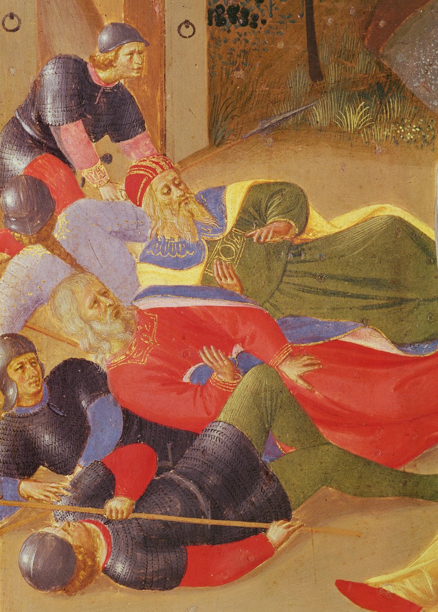 Krisztus életének jelenetei, 2. tábla Júdás elárulását ábrázoló részlet kidöntött alakokról, 1450-3 tempera fán alkotó: Fra Angelico