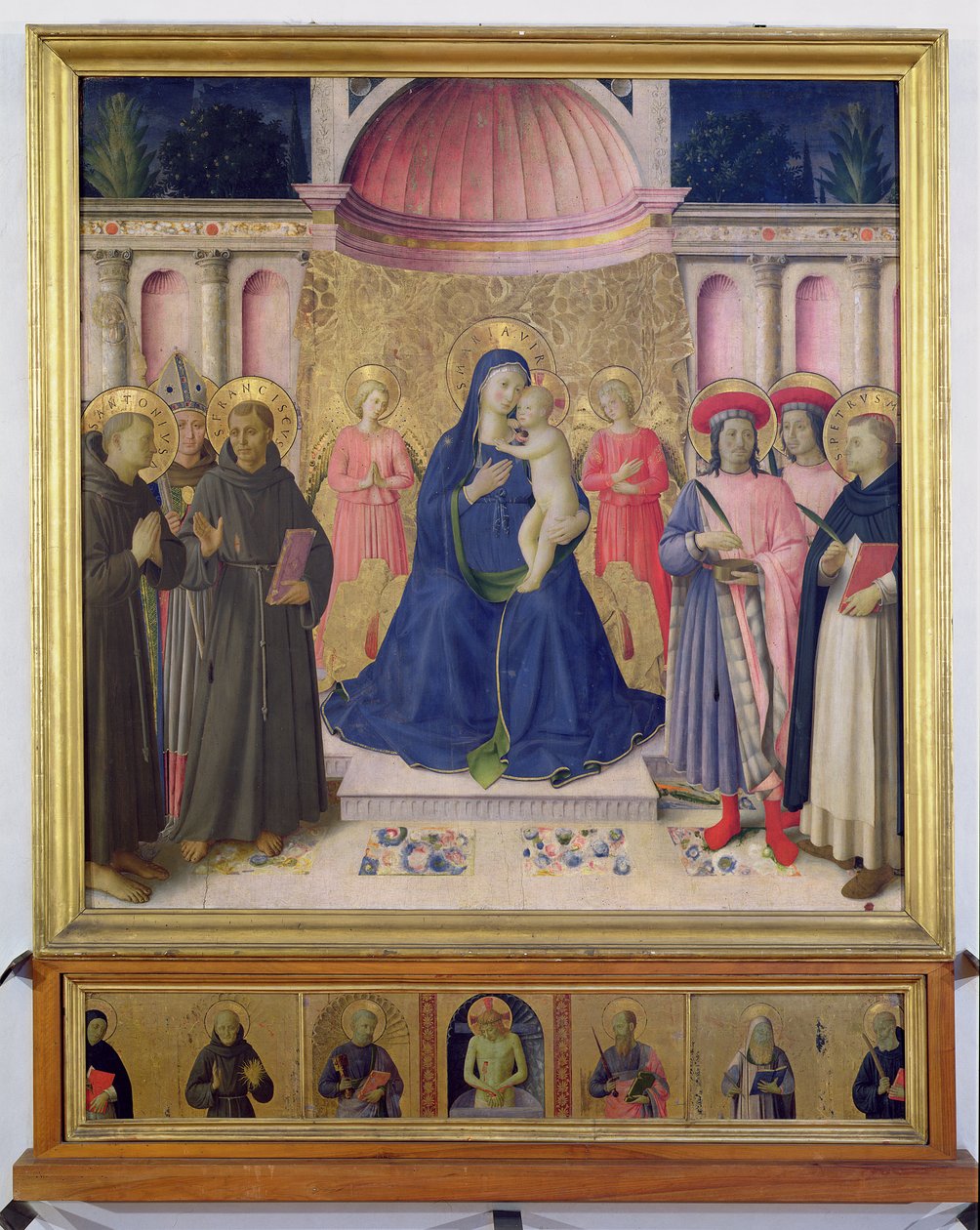 A Bosco ai Frati oltárkép: A Szűzanya és a Gyermek trónol két angyallal a SS. Antonius, Toulouse-i Lajos és Ferenc között, valamint SS. Cosmas és Damian és Mártír Péter között, 1452 (tempera). alkotó: Fra Angelico