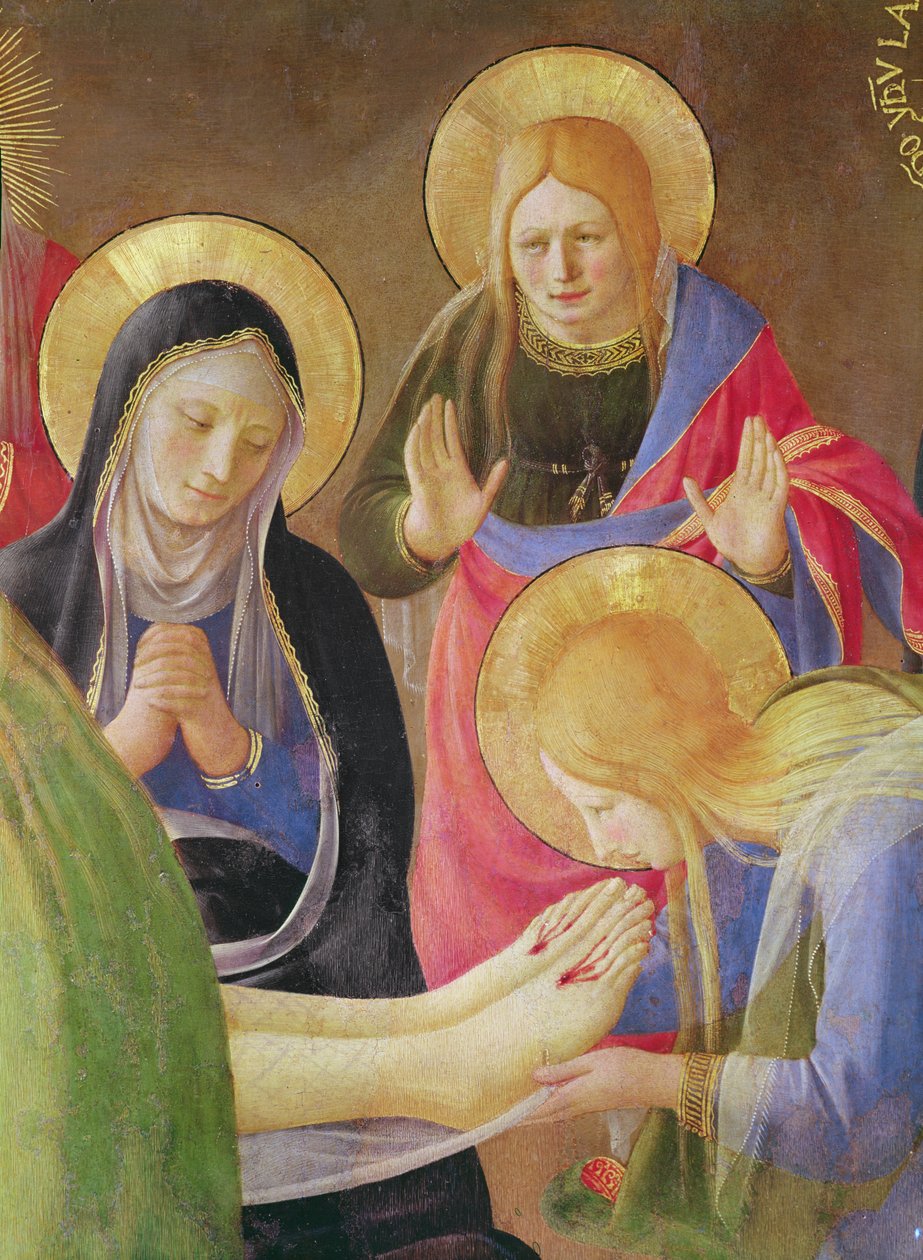 Krisztus siralma részlete Mária Magdolnáról, aki Krisztus lábát csókolja, 1436-os tempera fán alkotó: Fra Angelico