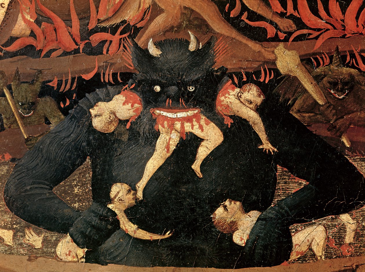 Az utolsó ítélet, részlet a Sátánról, aki felemészti az elkárhozottakat a pokolban, 1431 körül alkotó: Fra Angelico