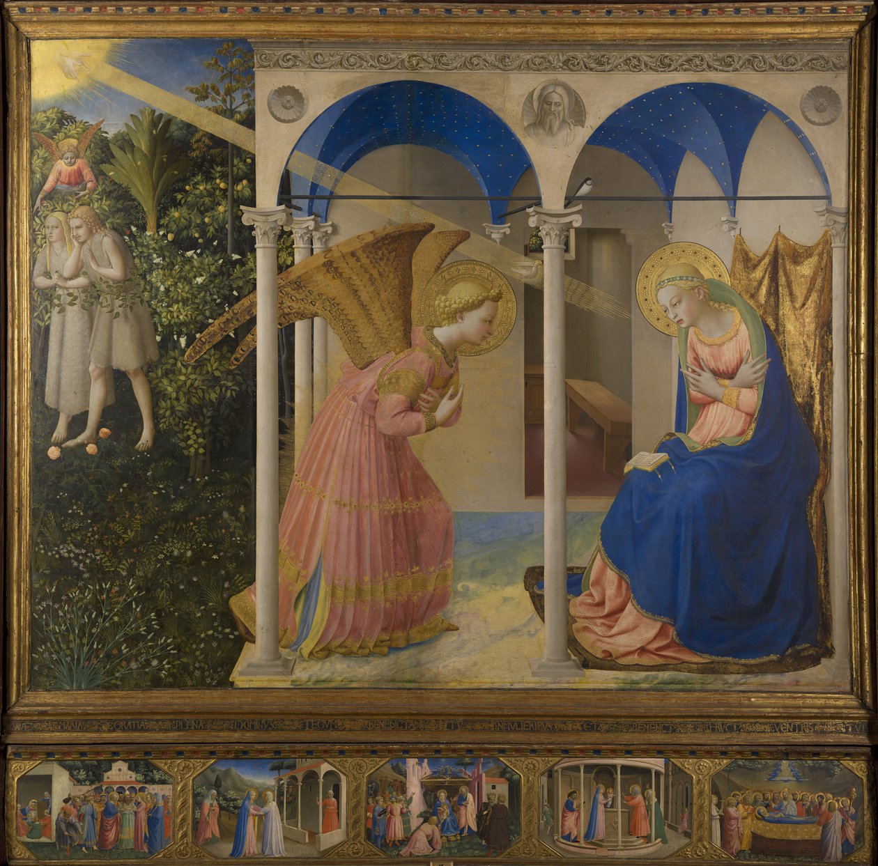 Angyali üdvözlet Máriának, oltárkép 5 predella táblával Mária életéből, főpanel, jelenet alkotó: Fra Angelico