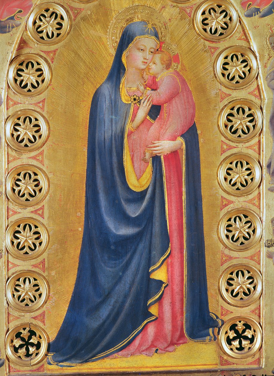 Szűz és gyermeke, más néven Szűz és a csillag (részlet a Szűzről) (olaj és levélarany, fa) alkotó: Fra Angelico