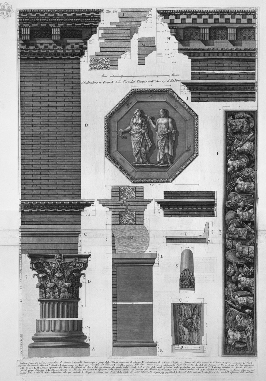 Nagy díszlécek a Becsület Templom részeiből és az Erényből alkotó: Francesco Piranesi