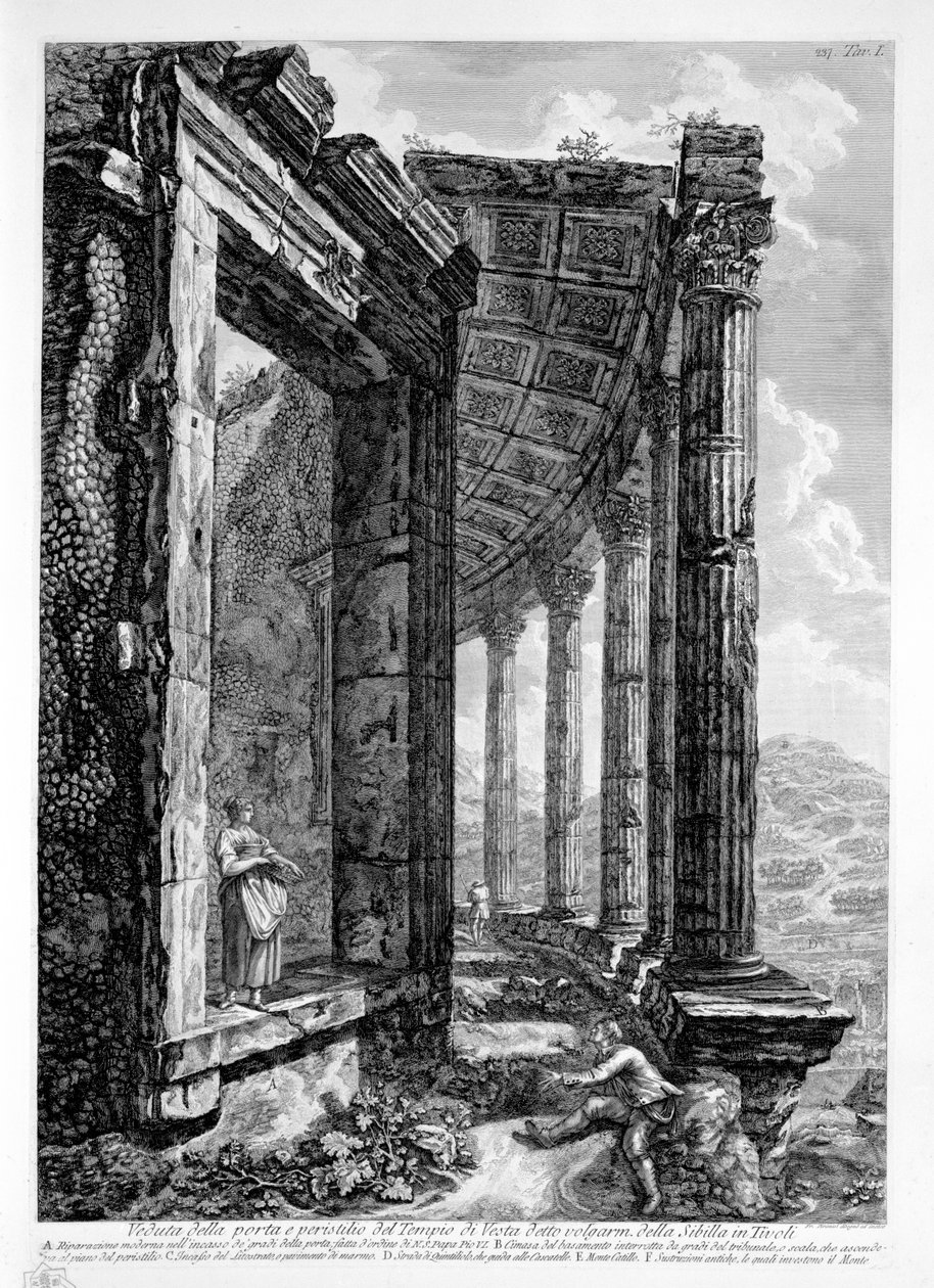 Kilátás a Volgarm néven ismert Vesta templom ajtajára és perisztillumára. a Sibyl Tivoliban alkotó: Francesco Piranesi