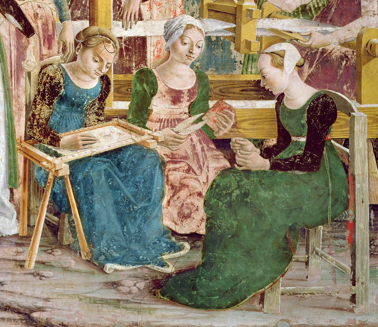 Kézimunkások, részlet a „Minerva diadala: március”, A hónapok szobája, 1467-70 körül (266282 részlet) alkotó: Francesco del Cossa