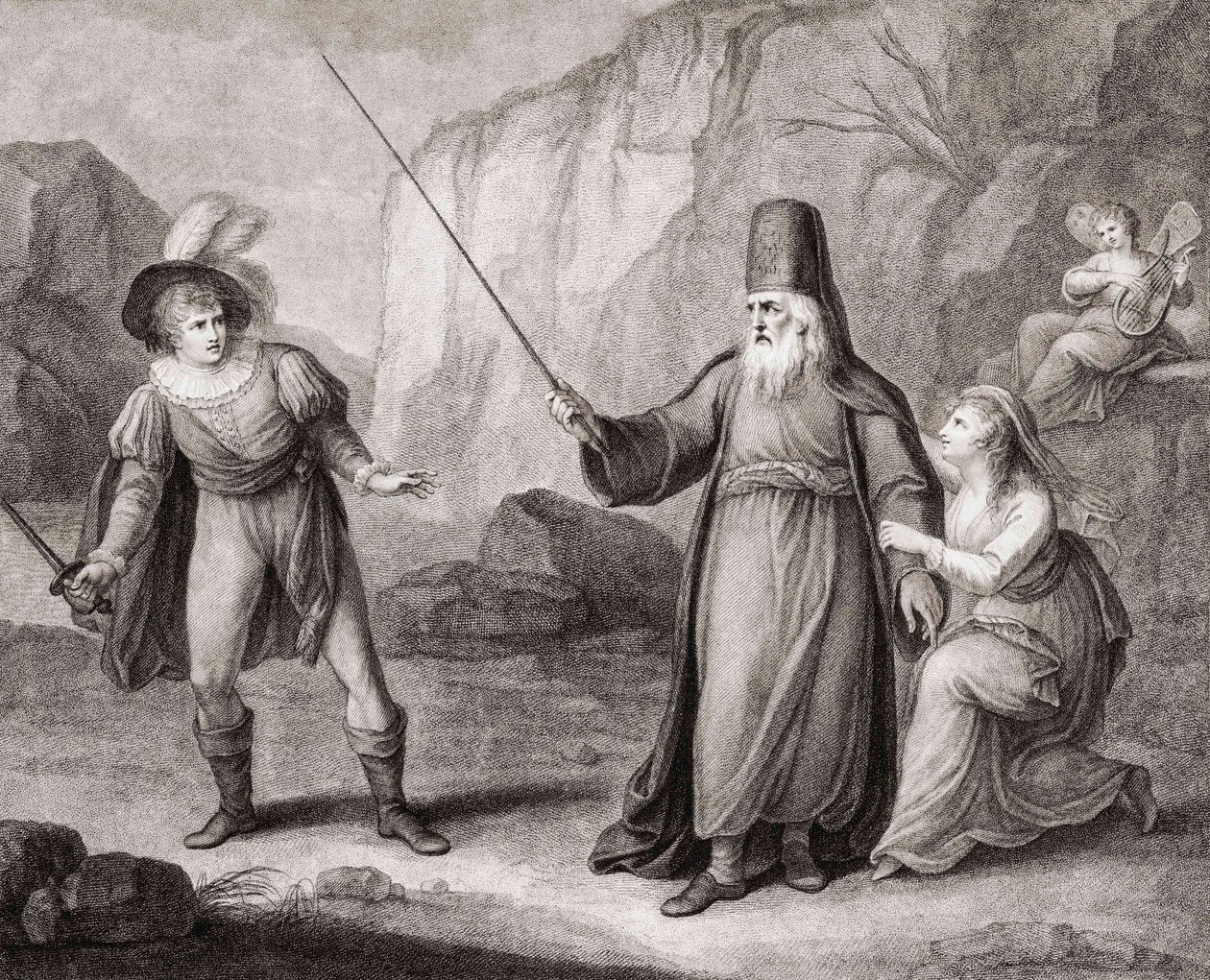 Prospero lefegyverzi Ferdinándot. Shakespeare. A vihar (metszet) alkotó: Francesco Bartolozzi