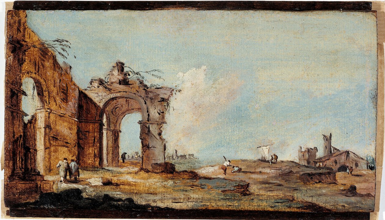 Caprice, romos boltívvel és halászházakkal alkotó: Francesco Guardi