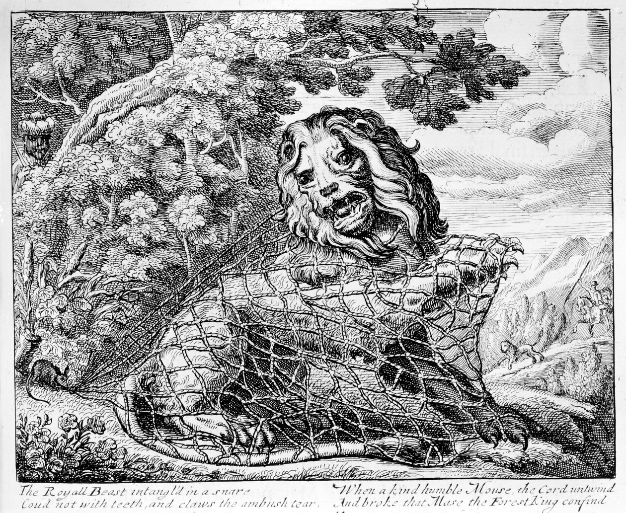 Az oroszlán és az egér, illusztráció az „Aesopus meséihez”, 1687 alkotó: Francis Barlow