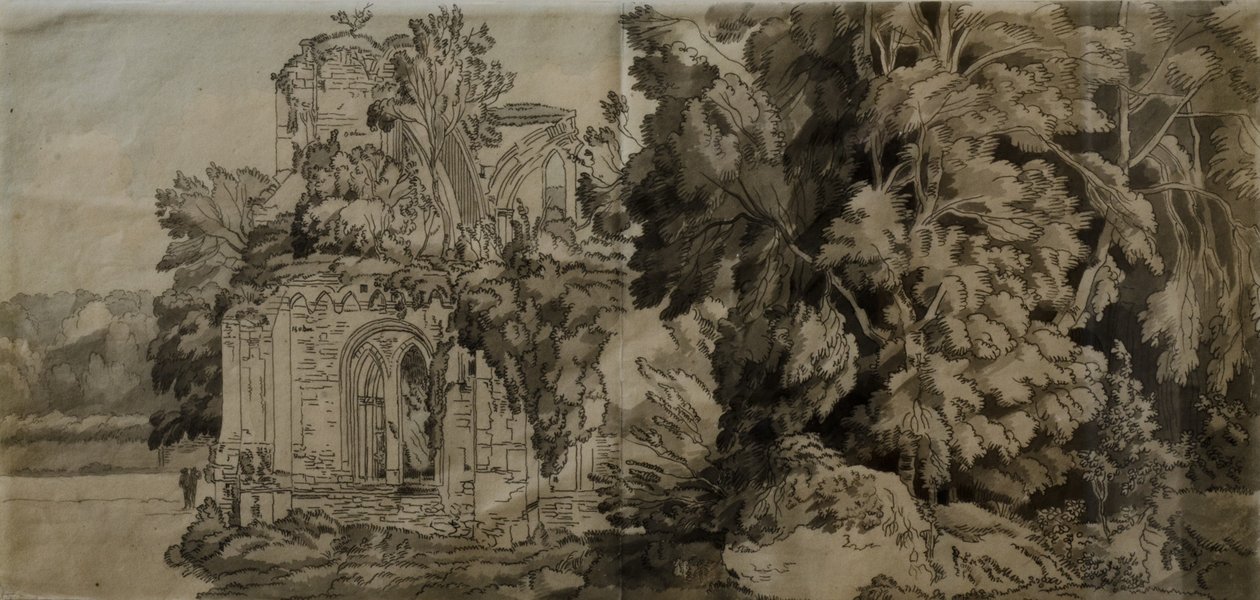 Netley Abbey (toll és tus, mosással, papírra) alkotó: Francis Towne