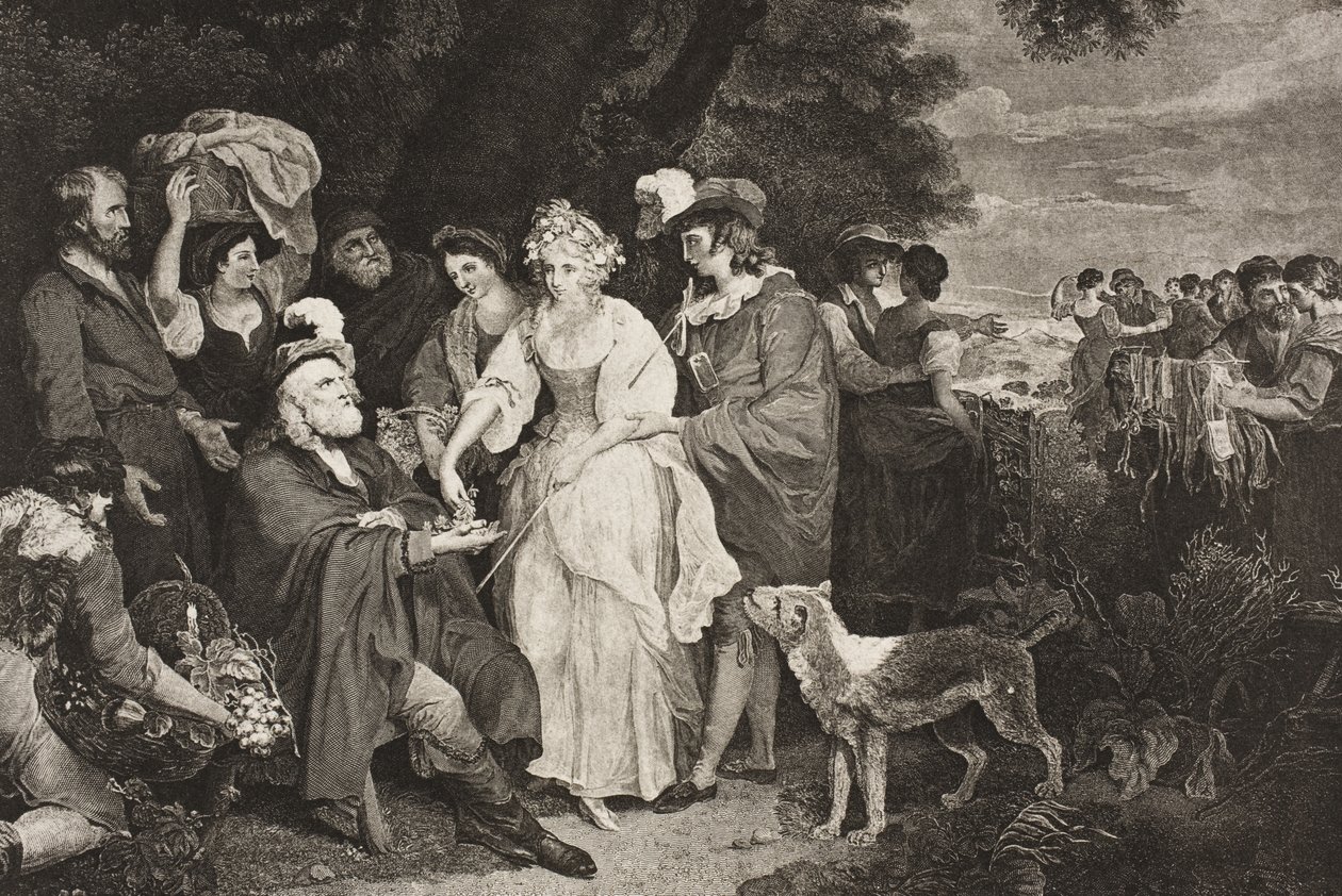 A pásztor háza előtt, IV. felvonás, III. jelenet, "A téli mese", The Boydell Shakespeare Gallery, 19. század végi kiadás. alkotó: Francis Wheatley