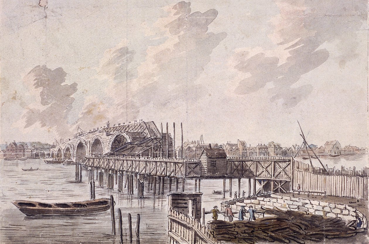 A Blackfriars Bridge építése, London, 1762. alkotó: Francis Grose