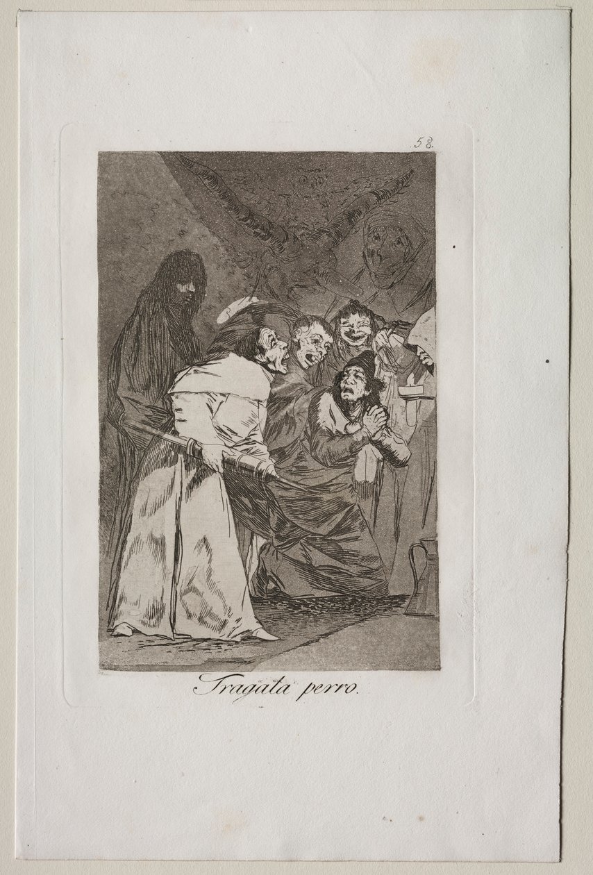 Caprichos: Nyeld le, kutya!. alkotó: Francisco de Goya