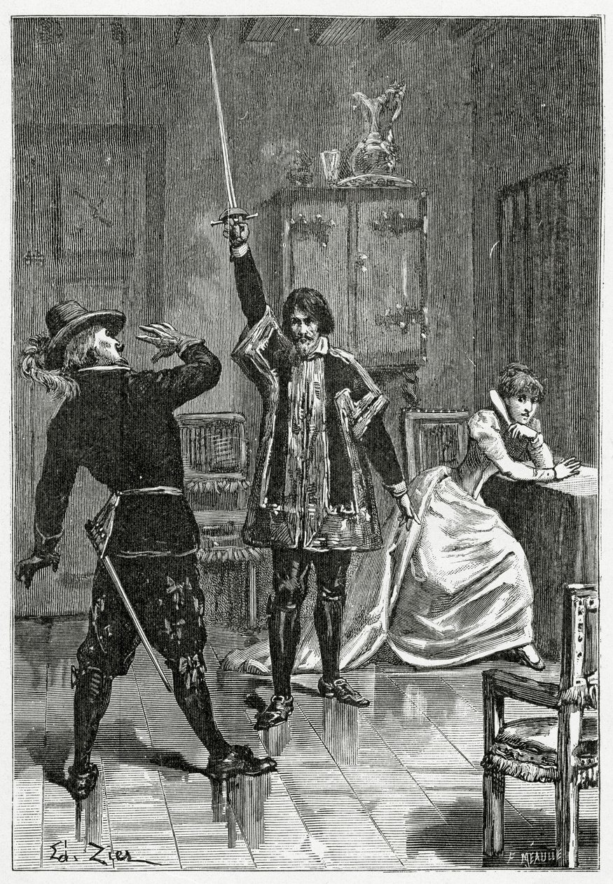 Ruy Blas szembeszáll Don Salluste-val, 19. század (bw-metszet) alkotó: Francois Edouard Zier