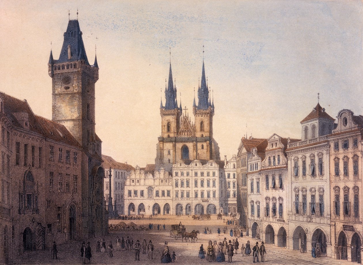 Óváros tér, Prága, 1840 körül színes litho alkotó: Francois Joseph Sandmann