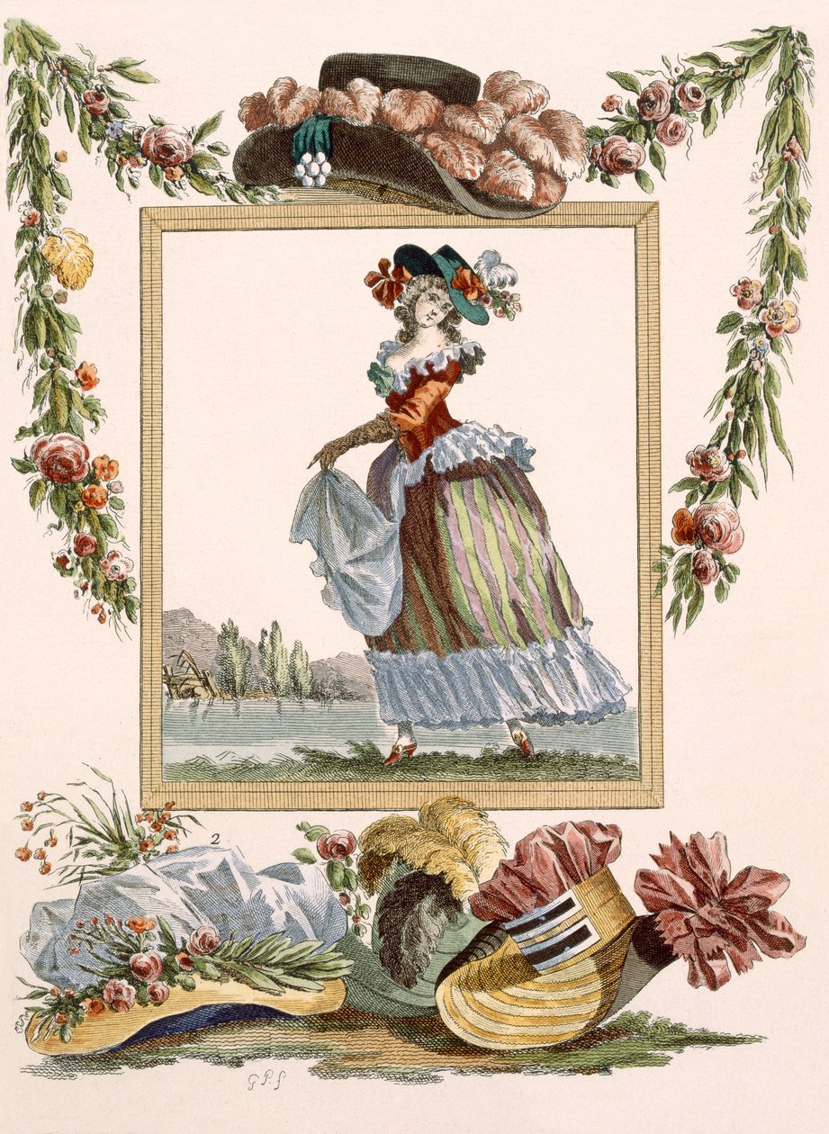 Pierrot caracoba öltözött táncos kalapokkal, Dupin metszetével, 241-es tábla a „Galeries des Modes et Costumes Francais”-ból, 1778-87 körül alkotó: Francois Louis Joseph Watteau
