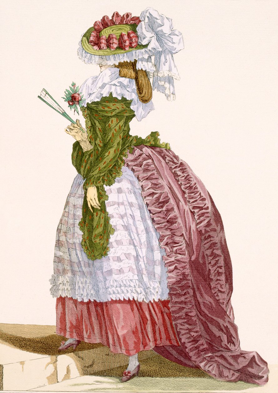 Kidolgozott bordó és zöld hölgyköpeny, Dupin metszetével, 200-as tábla a „Galeries des Modes et Costumes Francais”-ból, 1778-87 körül alkotó: Francois Louis Joseph Watteau