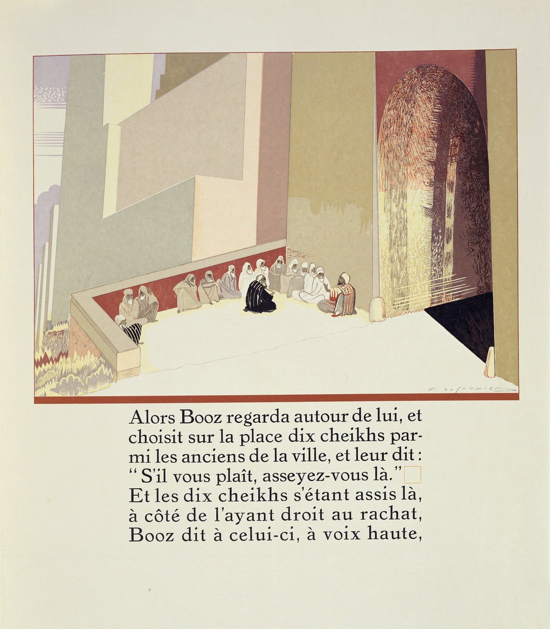 Boaz tíz vént választ a piacon, a „Ruth et Booz”-ból, J. C. Mardrus fordításában, 1930-ban. alkotó: Francois Louis Schmied