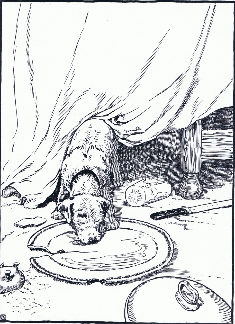 Elment a halkereskedőkhöz, hogy vegyen neki halat, de amikor visszajött, a férfi az edényt nyalogatta, 1930-as évek alkotó: Frank Adams