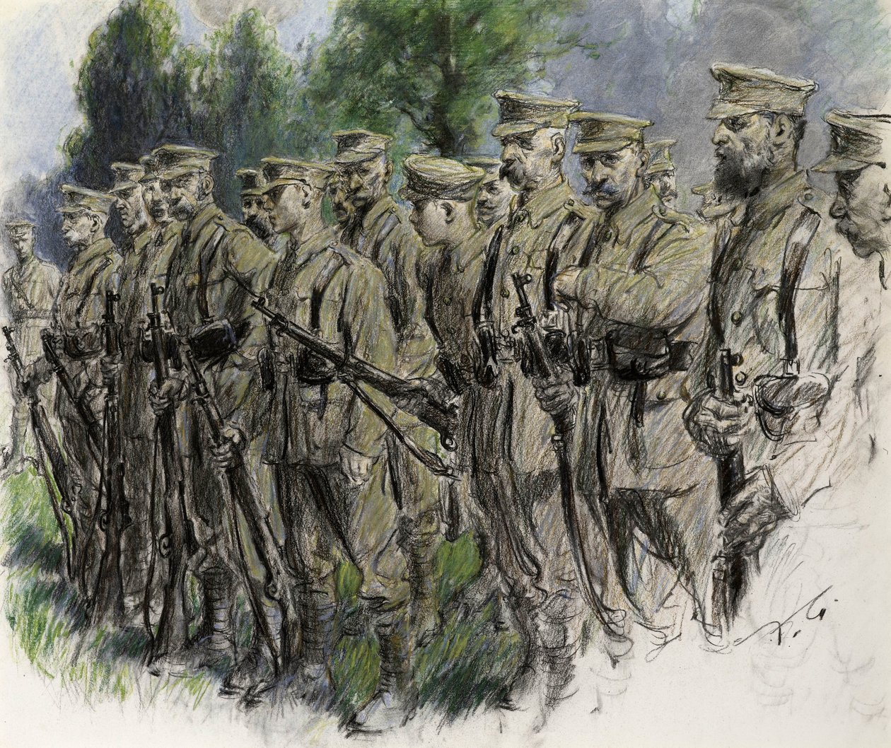 Fall In Norfolk Volunteers, 1916 körüli (pasztell, papír) alkotó: Frank Gillett