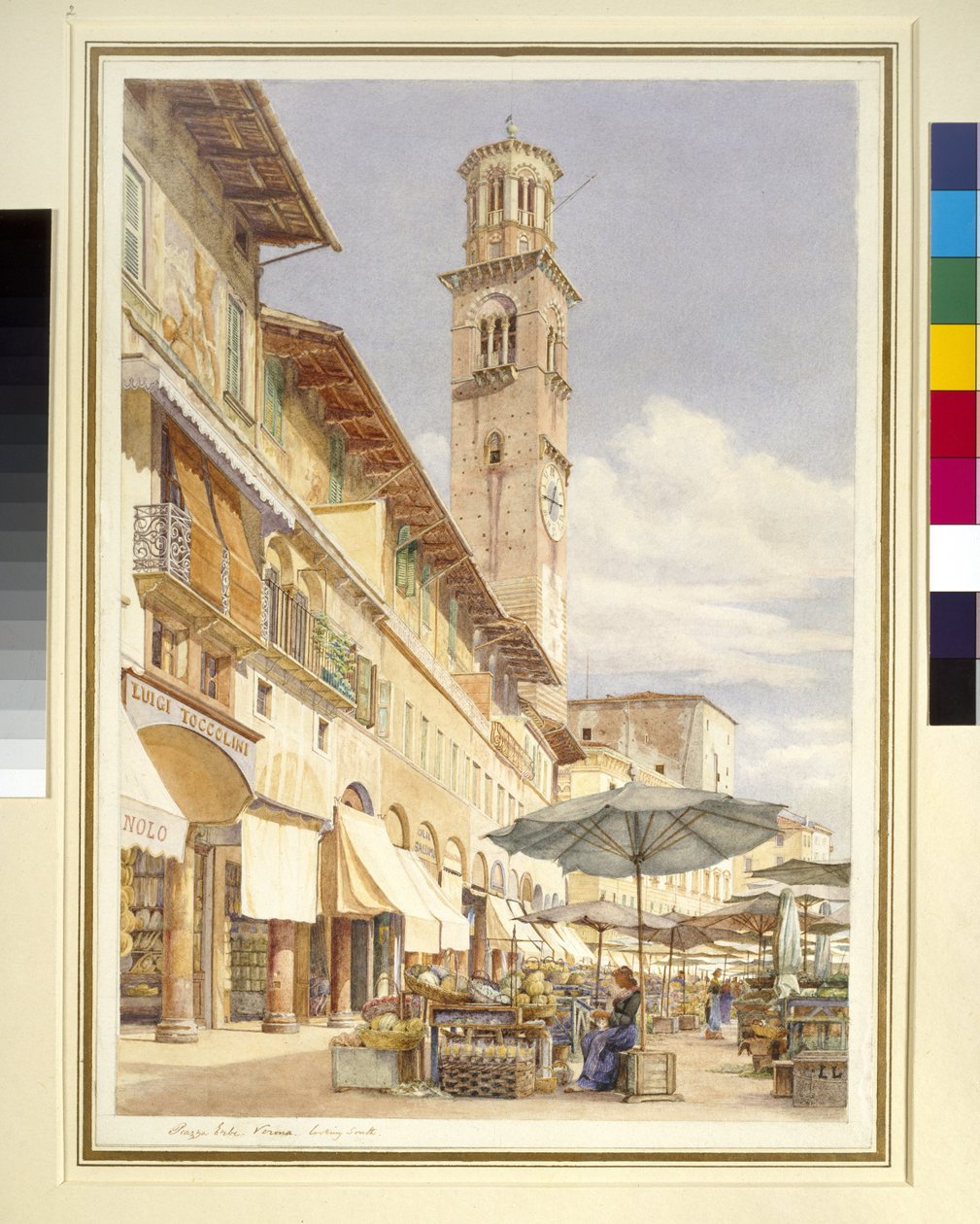 A Piazza delle Erbe, Verona, 1884. június-szeptember (akvarell grafiton, szőtt papíron) alkotó: Frank Randal
