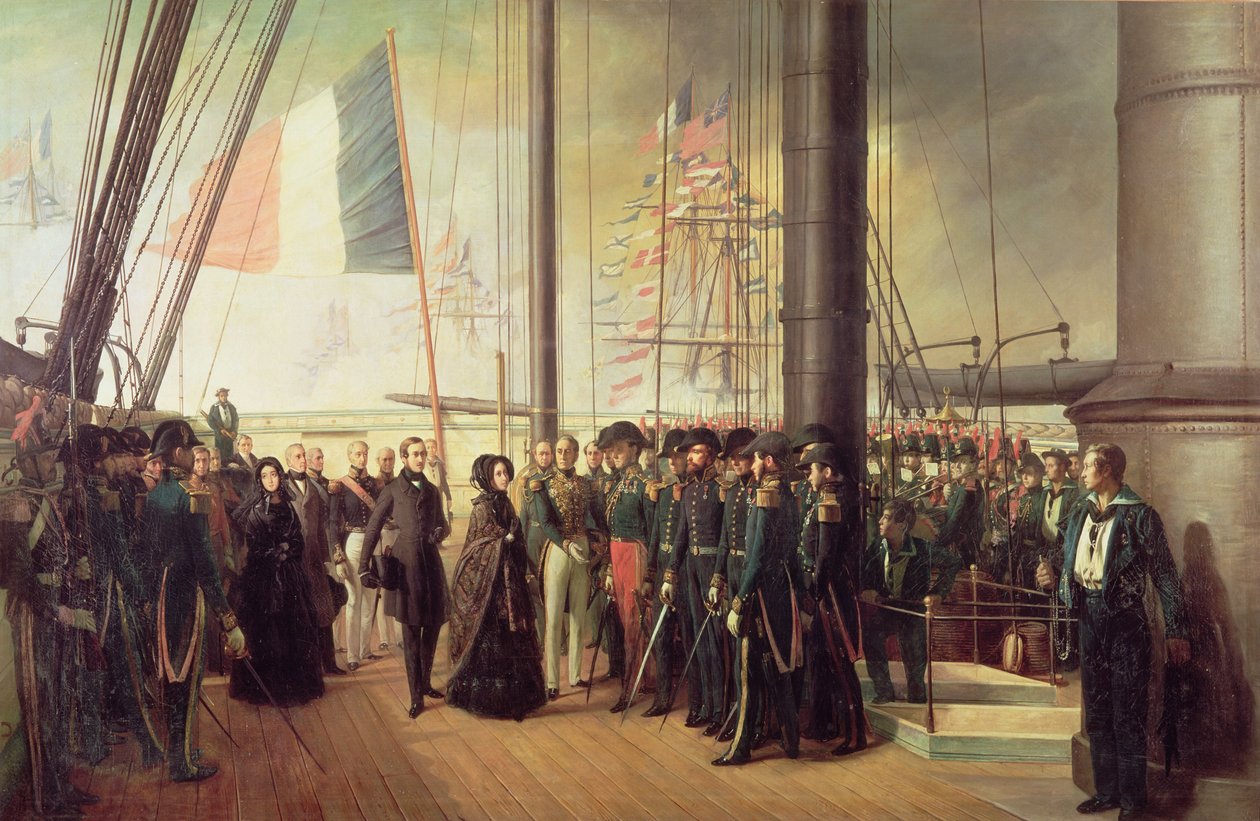 I. Viktória királynőt a „Le Gomer” gőzhajó fedélzetén fogadta Lasusse ellentengernagy 1844. október 15-én. alkotó: François Auguste Biard