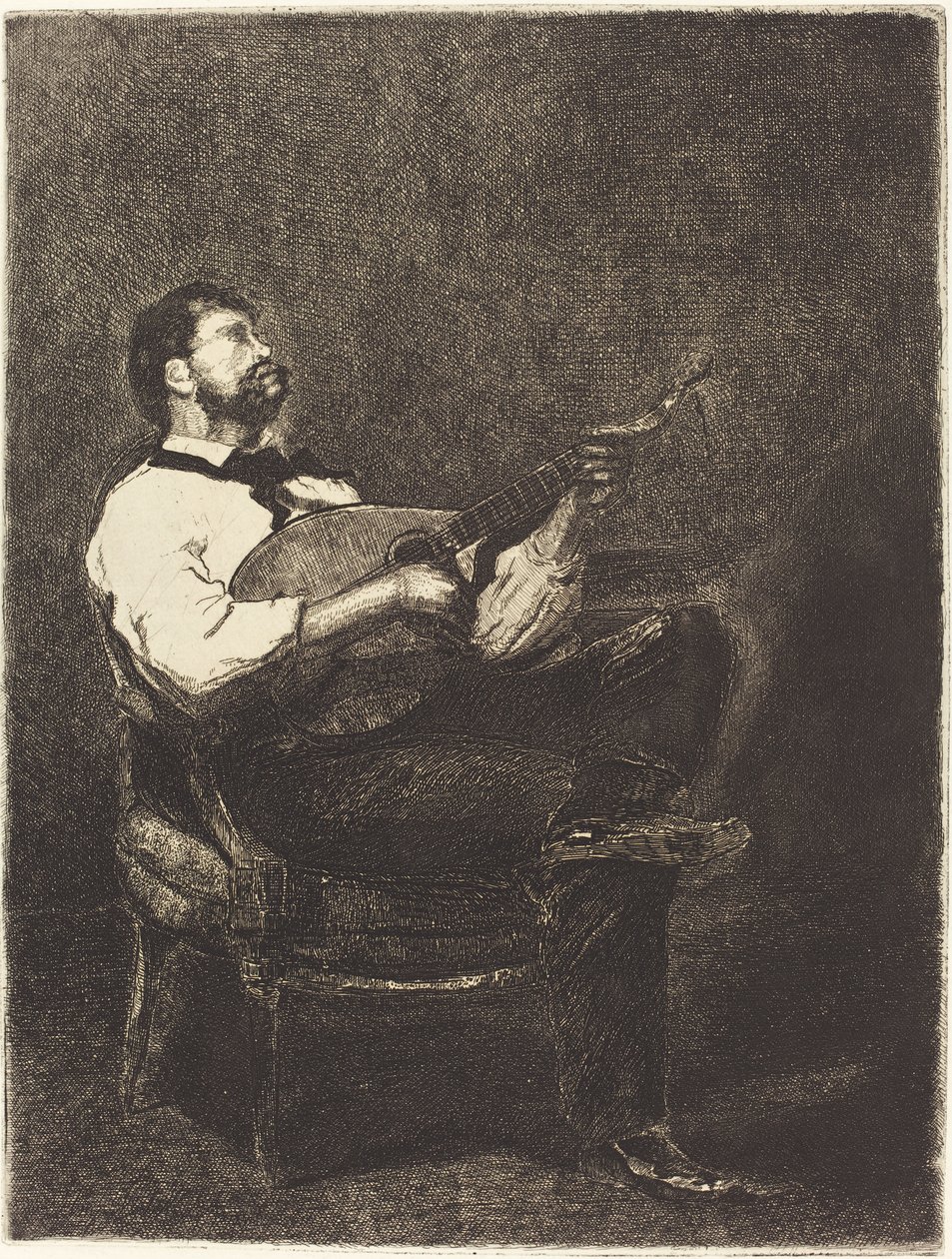 Gitáros, 1861 (rézkarc fektetett papírra) alkotó: François Bonvin