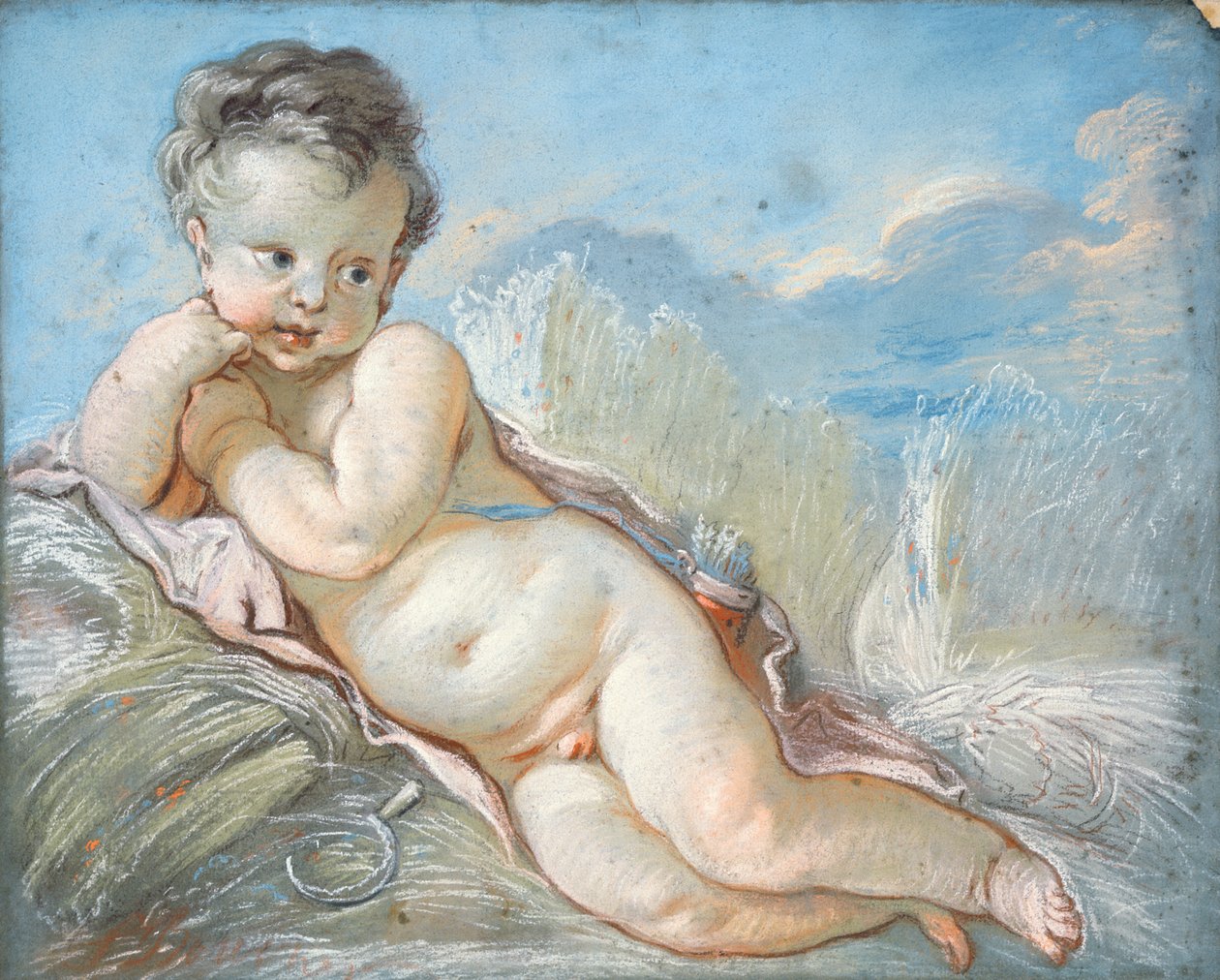 Ámor a kukoricatáblában fekvő helyzetben (kréta és pasztell) alkotó: François Boucher
