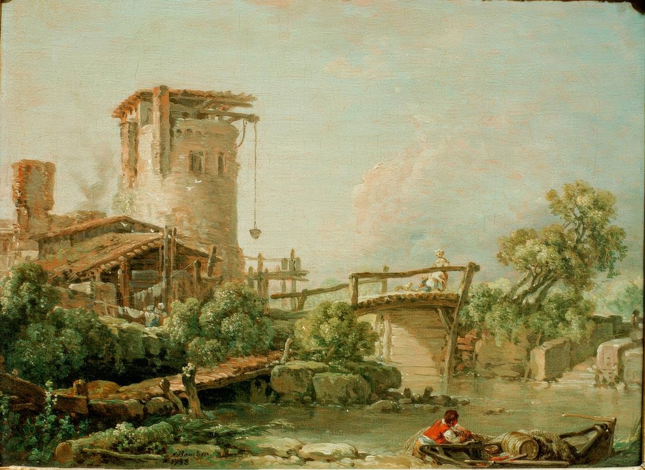 Tájkép toronnyal és híddal alkotó: François Boucher