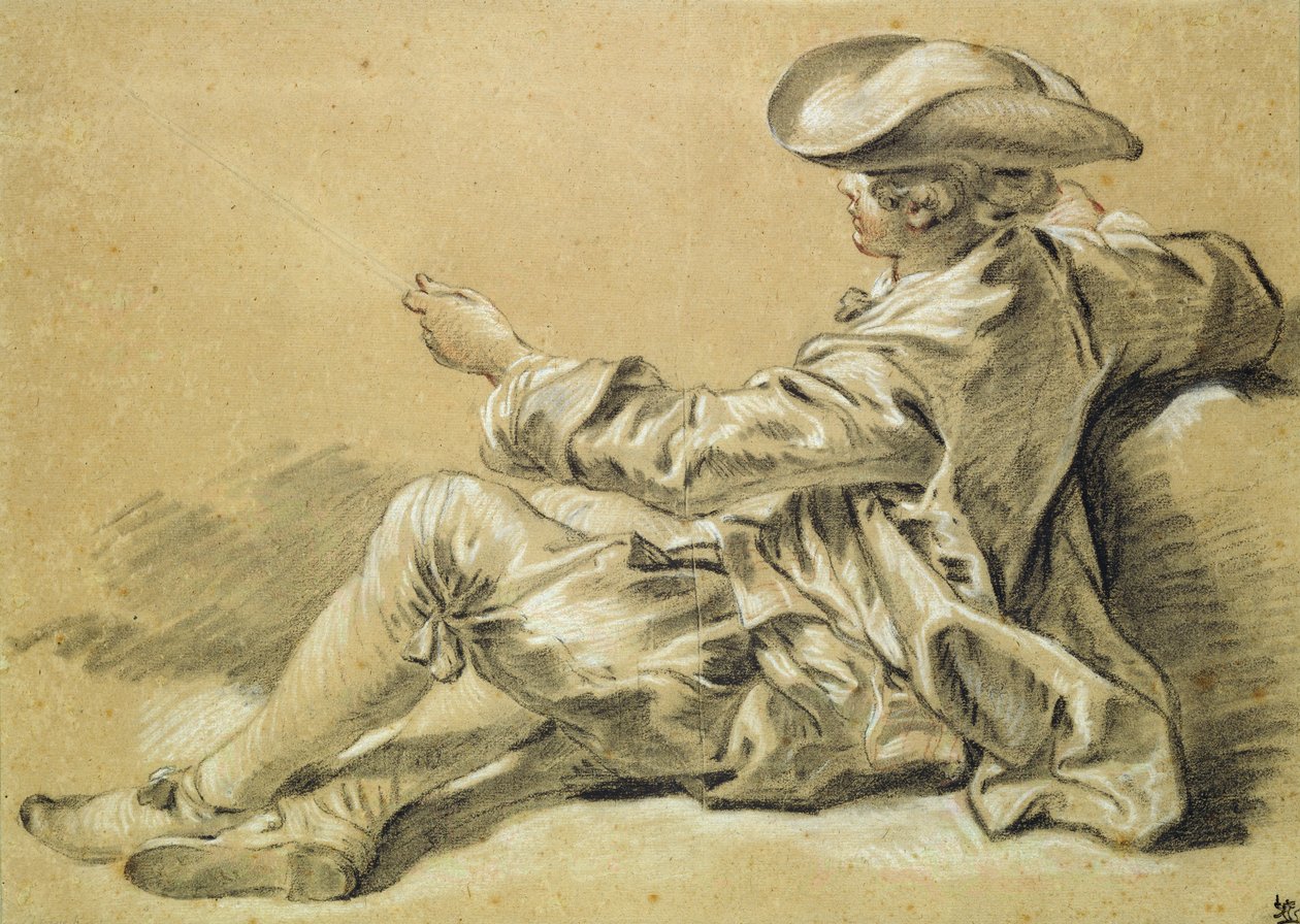 Kisfiú horgászbottal, 1755 (fekete-fehér kréta vörös krétával világosbarna papíron) alkotó: François Boucher