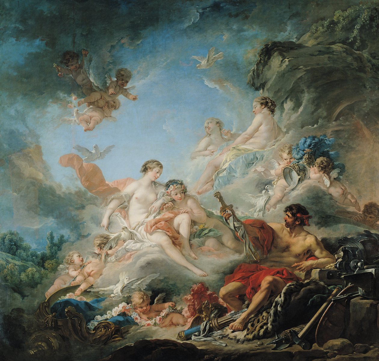 A Vulkán kovácsa, vagy Vulkán, aki fegyvert ajándékoz Aeneasnak Vénusznak, gobelin rajzfilm, 1757 alkotó: François Boucher