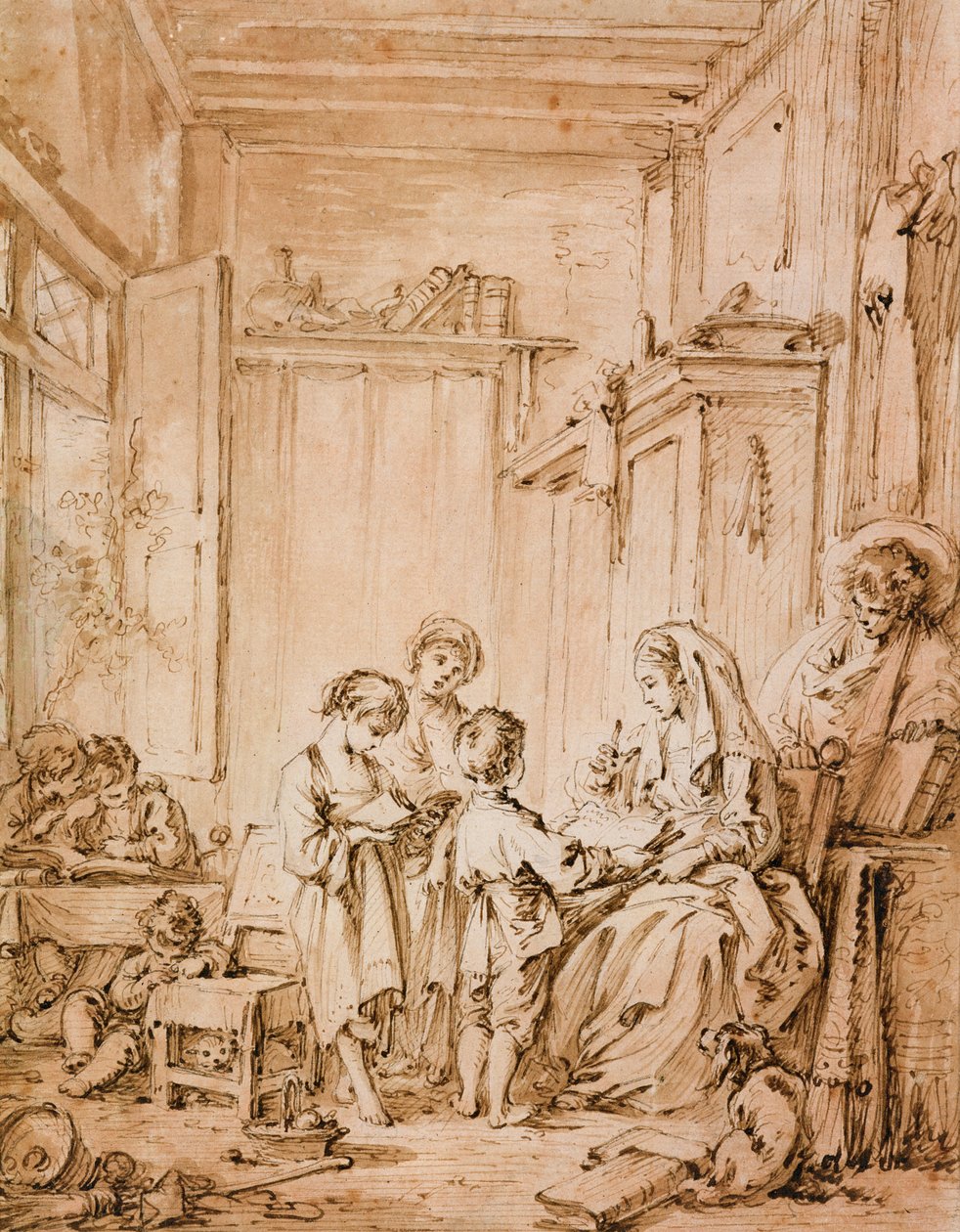 Az iskolaterem (tinta és barna mosás papíron) alkotó: François Boucher
