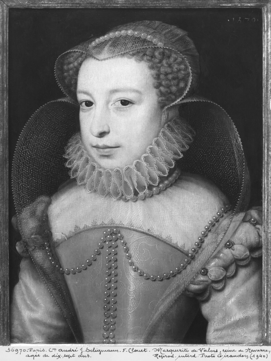 Valois Margit (1553-1615) navarrai királyné, Margit királyné néven ismert, 17 éves, 1570-ben. alkotó: François Clouet