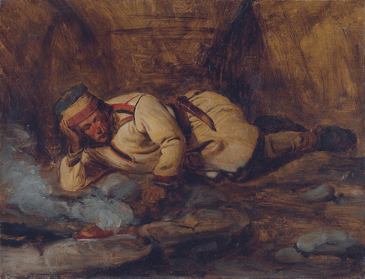 Tűz mellett alvó lappföldi alkotó: François Auguste Biard